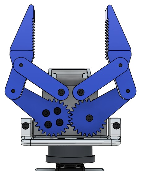 Gripper in CAD with the fingers open, showing the two meshed spur gears, the cranks and the passive links.